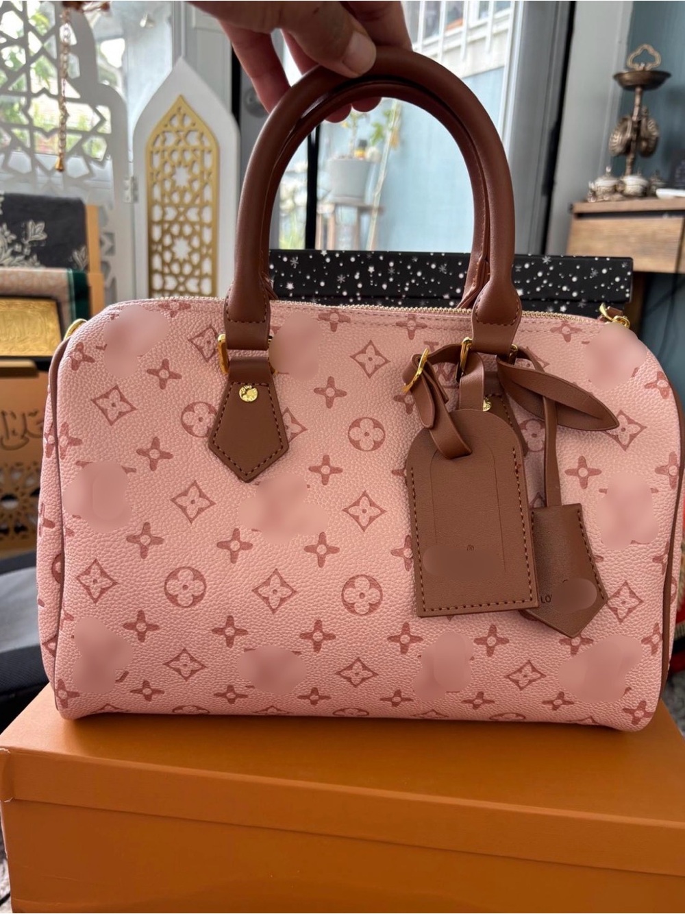 Designer-Inspired Pink Monogram Satchel with Tan Trim